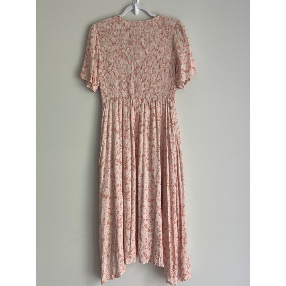 Polagram Pink Floral Smocked Midi Dress Short Flutter Sleeve V-Neck Pockets - Picture 4 of 9